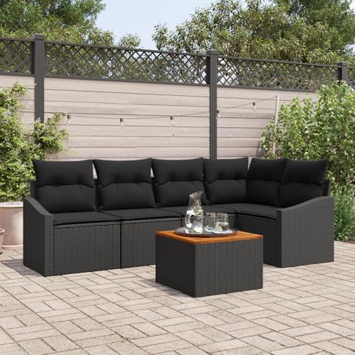 ZQQLVOO 6-teiliges Garten Sofa Set mit Kissen Schwarz Poly Rattan Akazie 使用逗号” for 办公室 von ZQQLVOO
