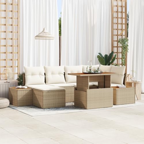 ZQQLVOO 7-TLG. Garten-Essgruppe mit Kissen Beige Poly Rattan Akazie 使用逗号” for 卧室 von ZQQLVOO