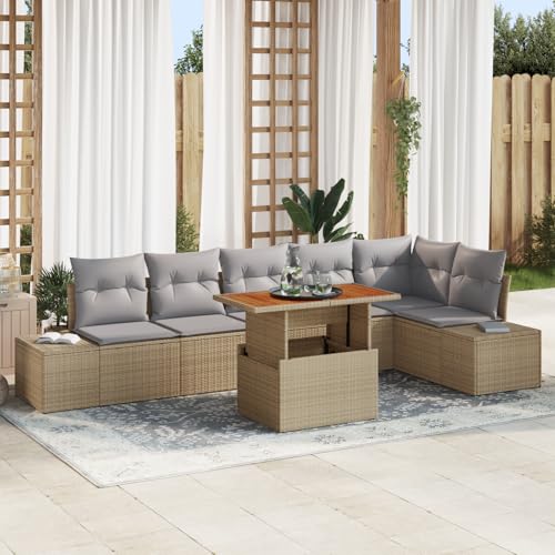 ZQQLVOO 7-TLG. Garten-Essgruppe mit Kissen Beige Poly Rattan Akazie “区分 for 室内 von ZQQLVOO