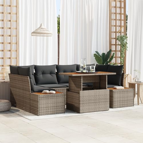 ZQQLVOO 7-TLG. Garten-Essgruppe mit Kissen Grau Poly Rattan Akazie “区分 for 办公室 von ZQQLVOO