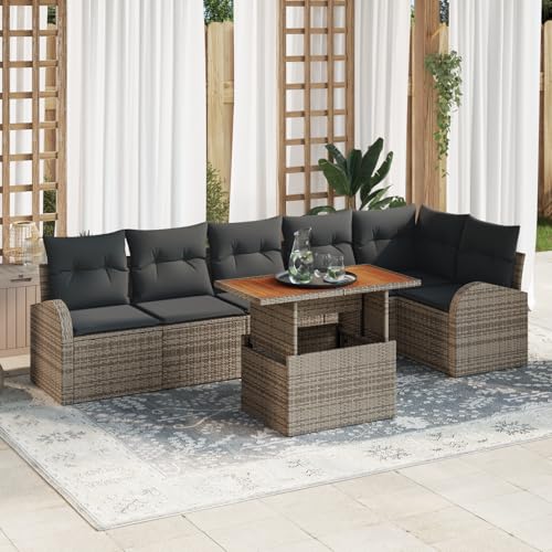 ZQQLVOO 7-TLG. Garten-Essgruppe mit Kissen Grau Poly Rattan Akazie 使用逗号” for 办公室 von ZQQLVOO