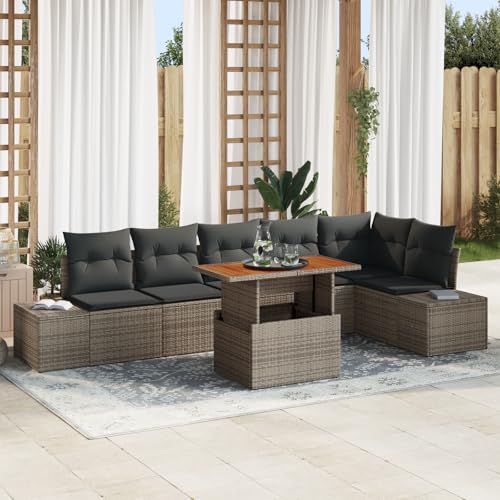 ZQQLVOO 7-TLG. Garten-Essgruppe mit Kissen Grau Poly Rattan Akazie 使用逗号” for 办公室 von ZQQLVOO
