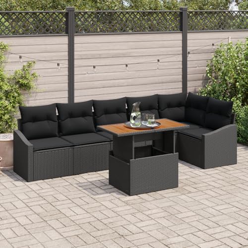 ZQQLVOO 7-TLG. Garten-Essgruppe mit Kissen Schwarz Poly Rattan Akazie “区分 for 室外 von ZQQLVOO