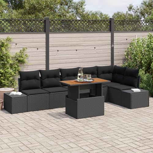ZQQLVOO 7-TLG. Garten-Essgruppe mit Kissen Schwarz Poly Rattan Akazie 使用逗号” for 办公室 von ZQQLVOO