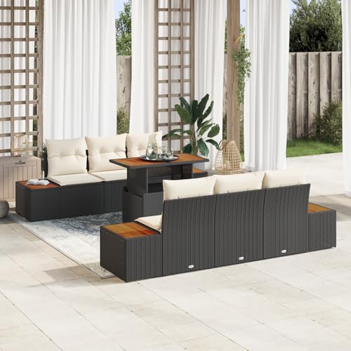 ZQQLVOO 7-TLG. Garten-Essgruppe mit Kissen Schwarz Poly Rattan Akazie “区分 for 室外 von ZQQLVOO