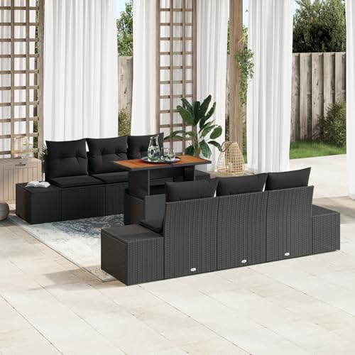 ZQQLVOO 7-TLG. Garten-Essgruppe mit Kissen Schwarz Poly Rattan Akazie 使用逗号” for 室外 von ZQQLVOO