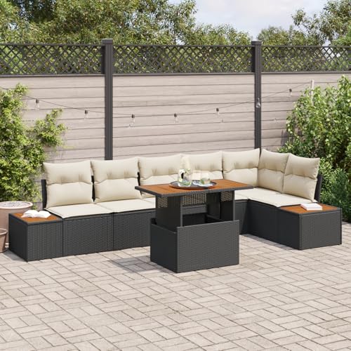 ZQQLVOO 7-TLG. Garten-Essgruppe mit Kissen Schwarz Poly Rattan Akazie 使用逗号” for 卧室 von ZQQLVOO