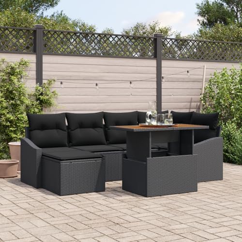 ZQQLVOO 7-TLG. Garten-Essgruppe mit Kissen Schwarz Poly Rattan Akazie 使用逗号” for 室内 von ZQQLVOO