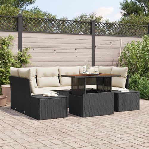 ZQQLVOO 7-TLG. Garten-Essgruppe mit Kissen Schwarz Poly Rattan Akazie “区分 for 室外 von ZQQLVOO