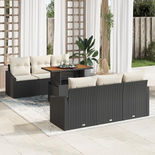 ZQQLVOO 7-teiliges Garten Esstisch Set mit Kissen Schwarz Poly Rattan Akazie 使用逗号” for 室内 von ZQQLVOO