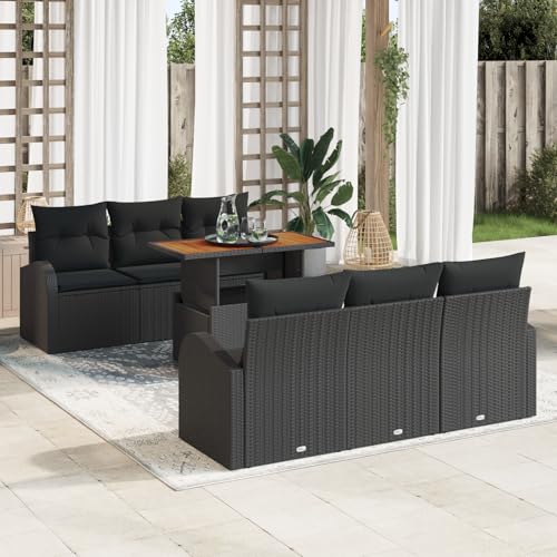 ZQQLVOO 7-teiliges Garten Esszimmer Set mit Kissen in Schwarz Poly Rattan Akazie Garten Relaxmöbel Terrassenmöbel Wetterfeste Sitzbank Outdoor Möbel Gemütliche von ZQQLVOO