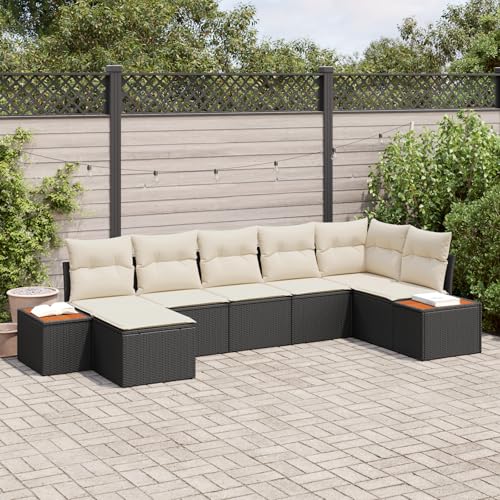 ZQQLVOO 7-teiliges Garten-Sofa-Set mit Kissen in Schwarz Poly Rattan Akazie Wetterfeste Sitzbank Outdoor Möbel Gemütliche Outdoor Polstergarnitur ZQQLVOO 7-teiliges Garten-Sofa-Set mit Kissen in Schwarz Poly Rattan Akazie Wetterfeste Sitzbank Outdoor Möbel Gemütliche Outdoor Polstergarnitur von ZQQLVOO