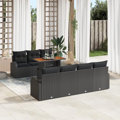 ZQQLVOO 8-TLG. Garten-Essgruppe mit Kissen Schwarz Poly Rattan Akazie 使用逗号” for 室外 von ZQQLVOO