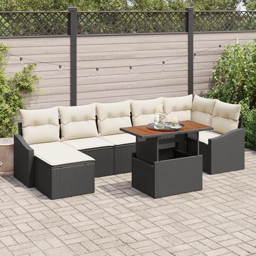 ZQQLVOO 8-TLG. Garten-Essgruppe mit Kissen Schwarz Poly Rattan Akazie 使用逗号” for 室外 von ZQQLVOO