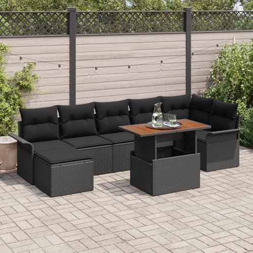 ZQQLVOO 8-TLG. Garten-Essgruppe mit Kissen Schwarz Poly Rattan Akazie “区分 for 卧室 von ZQQLVOO
