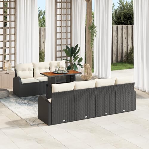 ZQQLVOO 8-TLG. Garten-Essgruppe mit Kissen Schwarz Poly Rattan Akazie 使用逗号” for 室外 von ZQQLVOO