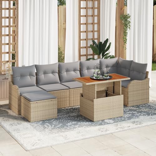 ZQQLVOO 8-teiliges Garten Sofa Set mit Kissen in Beige, Poly Rattan und Akazie Outdoor Polstergarnitur Modulares Gartensofa Outdoor Sitzgruppe Gartenmöbel Set von ZQQLVOO