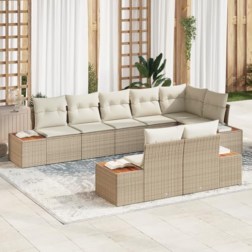 ZQQLVOO 8-teiliges Garten-Sofa-Set mit Kissen in Beige aus Poly-Rattan und Akazie Garten Sofaset Wetterfeste Sitzbank Outdoor Möbel Gemütliche von ZQQLVOO