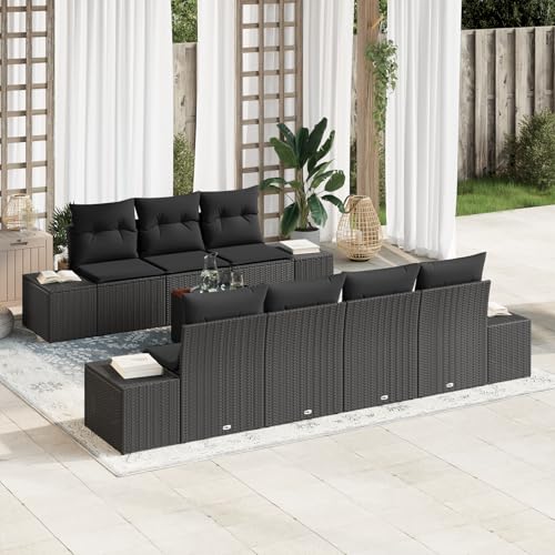 ZQQLVOO 8-teiliges Garten Sofa Set mit Kissen in Schwarz, Poly Rattan, Akazie Outdoor Sitzgruppe Gartenmöbel Set Modulares Gartensofa Garten Sofaset von ZQQLVOO