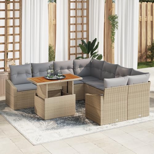 ZQQLVOO 9-teiliges Garten-Esszimmer-Set mit Kissen in Beige aus Poly-Rattan und Akazie Outdoor Möbel Gemütliche Garten Relaxmöbel Terrassenmöbel Wetterfeste Sitzbank von ZQQLVOO