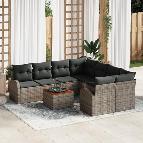 ZQQLVOO 9-teiliges Garten Sofa Set mit Kissen Grau Poly Rattan Akazie 使用逗号” for 卧室 von ZQQLVOO
