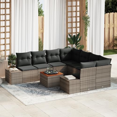 ZQQLVOO 9-teiliges Garten Sofa Set mit Kissen Grau Poly Rattan Akazie “区分 for 卧室 von ZQQLVOO