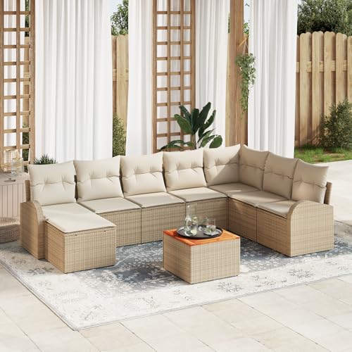 ZQQLVOO 9-teiliges Garten-Sofa-Set mit Kissen in Beige aus Poly-Rattan und Akazie Wetterfeste Sitzbank Bequeme Sitzgarnitur Handgewebte Modulares Gartensofa von ZQQLVOO