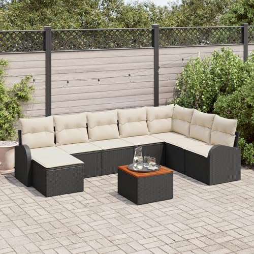 ZQQLVOO 9-teiliges Garten-Sofa-Set mit Kissen in Schwarz aus Poly-Rattan und Akazie Modulares Gartensofa Outdoor Möbel Gemütliche Outdoor Sitzgruppe Gartenmöbel Set von ZQQLVOO