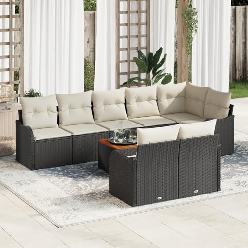 ZQQLVOO 9-teiliges Garten Sofa Set mit Kissen in schwarzem Poly Rattan Akazie Wetterfeste Sitzbank Garten Sofaset Outdoor Möbel Gemütliche von ZQQLVOO