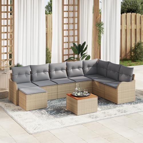 ZQQLVOO 9-teiliges Garten-Sofaset mit Kissen Beige Poly Rattan Akazie 使用逗号” for 室外 von ZQQLVOO