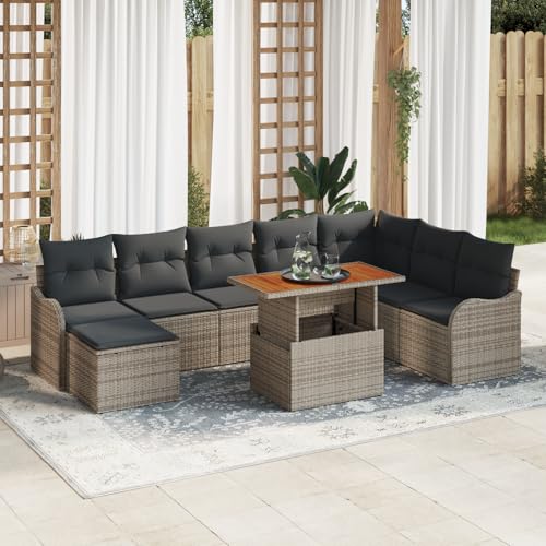 ZQQLVOO 9tlg. Garten Sofa Set mit Kissen Grau Poly Rattan Akazie 使用逗号” for 室外 von ZQQLVOO