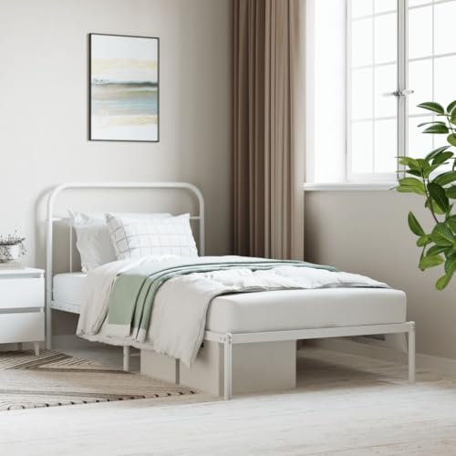ZQQLVOO Bed Frame Lattenrost Palettenbett Bodenbett Bettgestell mit Kopfteil Metall Weiß 107x203 cm von ZQQLVOO