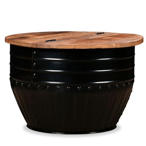 ZQQLVOO Couchtisch Altholz Massiv Schwarz Trommelform Massiver Altholz Couchtisch mit Stauraum und glatter Tischplatte von ZQQLVOO