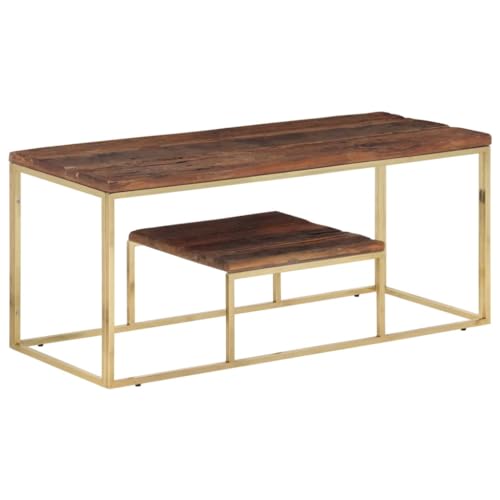 ZQQLVOO Couchtisch Golden Edelstahl und Massive Holzschwellen Glastisch Couchtisch mit Edelstahlgestell, moderner Akzenttisch für Wohnzimmer von ZQQLVOO