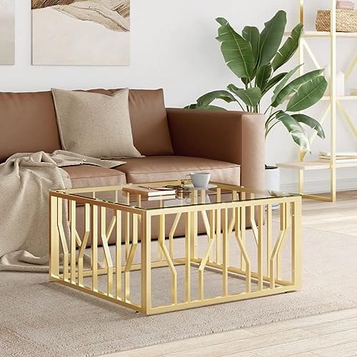 ZQQLVOO Couchtisch Golden Robuster Couchtisch aus Edelstahl und massivem Altholz mit modernem Design 80x80x40 cm Edelstahl und Glas von ZQQLVOO
