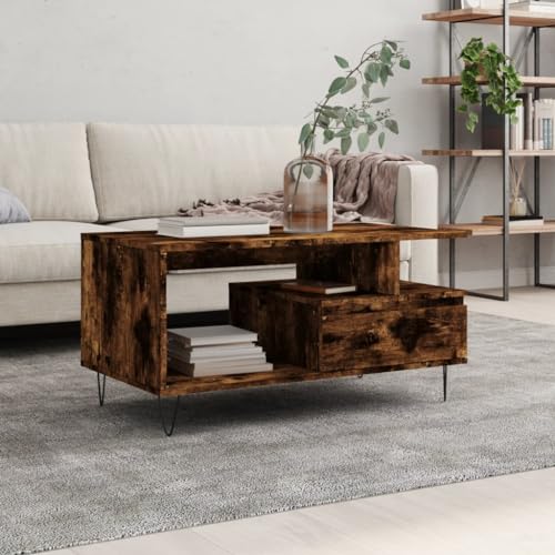 ZQQLVOO Couchtisch Räuchereiche Eleganter Couchtisch mit Schublade und Metallbeinen für modernes Wohnzimmer 90x49x45 cm Holzwerkstoff von ZQQLVOO
