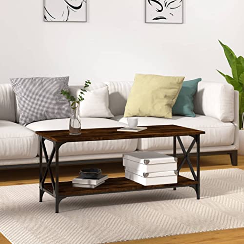 ZQQLVOO Couchtisch Räuchereiche Klassischer Holz Couchtisch mit Eisenrahmen und praktischer Ablage 100x45x45 cm Holzwerkstoff und Eisen von ZQQLVOO