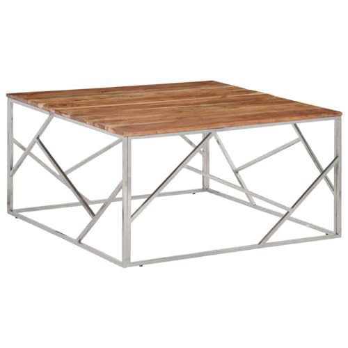 ZQQLVOO Couchtisch Silbern Edelstahl und Massivholz Akazie Glastisch Couchtisch mit Edelstahlgestell, moderner Akzenttisch für Wohnzimmer von ZQQLVOO