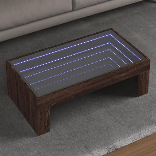 ZQQLVOO Couchtisch mit Infinity-LED Braun Eichen-Optik LED Infinity Spiegel Couchtisch mit RGB Beleuchtung für Wohnzimmer 90x50x30 cm von ZQQLVOO