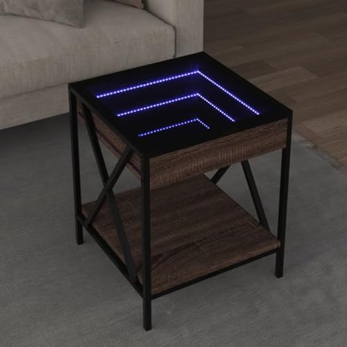 ZQQLVOO Couchtisch mit Infinity-LED Braun Eichen-Optik LED Infinity Spiegel Couchtisch mit RGB Beleuchtung und Metallfüßen 40x40x49 cm von ZQQLVOO