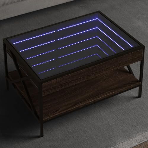 ZQQLVOO Couchtisch mit Infinity-LED Braun Eichen-Optik LED Infinity Spiegel Couchtisch mit RGB Beleuchtung und Metallfüßen 70x50x38 cm von ZQQLVOO