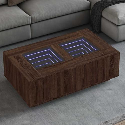 ZQQLVOO Couchtisch mit Infinity-LED Braun Eichen-Optik LED Infinity Spiegel Couchtisch mit RGB Beleuchtung und USB Anschluss 116x69x40 cm von ZQQLVOO