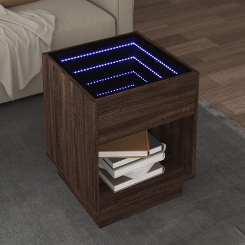 ZQQLVOO Couchtisch mit Infinity-LED Braun Eichen-Optik LED Infinity Spiegel Couchtisch mit RGB Beleuchtung und robuster Platte 40x40x50 cm von ZQQLVOO