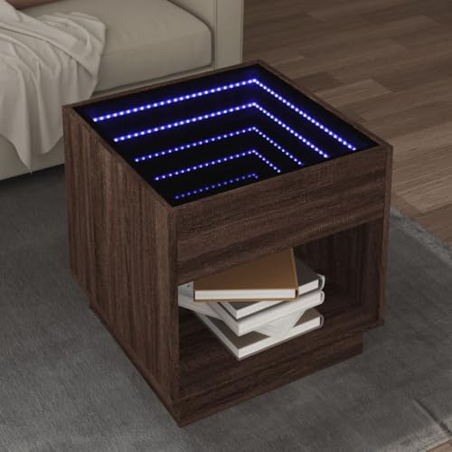 ZQQLVOO Couchtisch mit Infinity-LED Braun Eichen-Optik LED Infinity Spiegel Couchtisch mit RGB Beleuchtung und robuster Platte 50x50x50 cm von ZQQLVOO