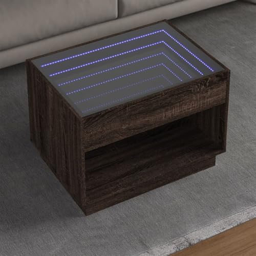 ZQQLVOO Couchtisch mit Infinity-LED Braun Eichen-Optik LED Infinity Spiegel Couchtisch mit RGB Beleuchtung und robuster Platte 70x50x50 cm von ZQQLVOO