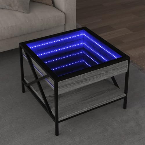 ZQQLVOO Couchtisch mit Infinity-LED Grau Sonoma LED Infinity Spiegel Couchtisch mit RGB Beleuchtung und Metallfüßen 50x50x38 cm von ZQQLVOO