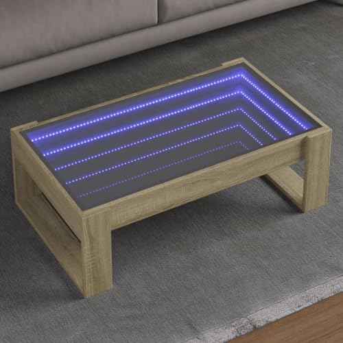 ZQQLVOO Couchtisch mit Infinity-LED Sonoma-Eiche LED Infinity Spiegel Couchtisch mit RGB Beleuchtung und robuster Platte 90x53x30 cm von ZQQLVOO