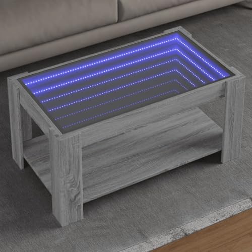 ZQQLVOO LED-Couchtisch Grau Sonoma LED Infinity Spiegel Couchtisch mit RGB Beleuchtung und USB Anschluss 93x53x45 cm Holzwerkstoff von ZQQLVOO