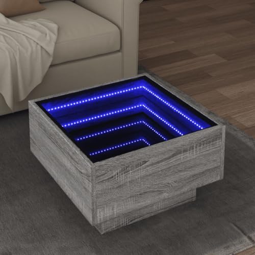 ZQQLVOO LED-Couchtisch Grau Sonoma LED Infinity Spiegel Couchtisch mit RGB Beleuchtung und robuster Platte 50x50x30 cm Holzwerkstoff von ZQQLVOO