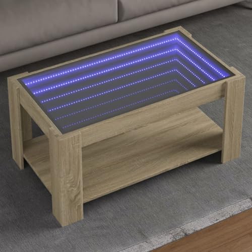 ZQQLVOO LED-Couchtisch Sonoma Eiche LED Infinity Spiegel Couchtisch mit RGB Beleuchtung und USB Anschluss 93x53x45 cm Holzwerkstoff von ZQQLVOO